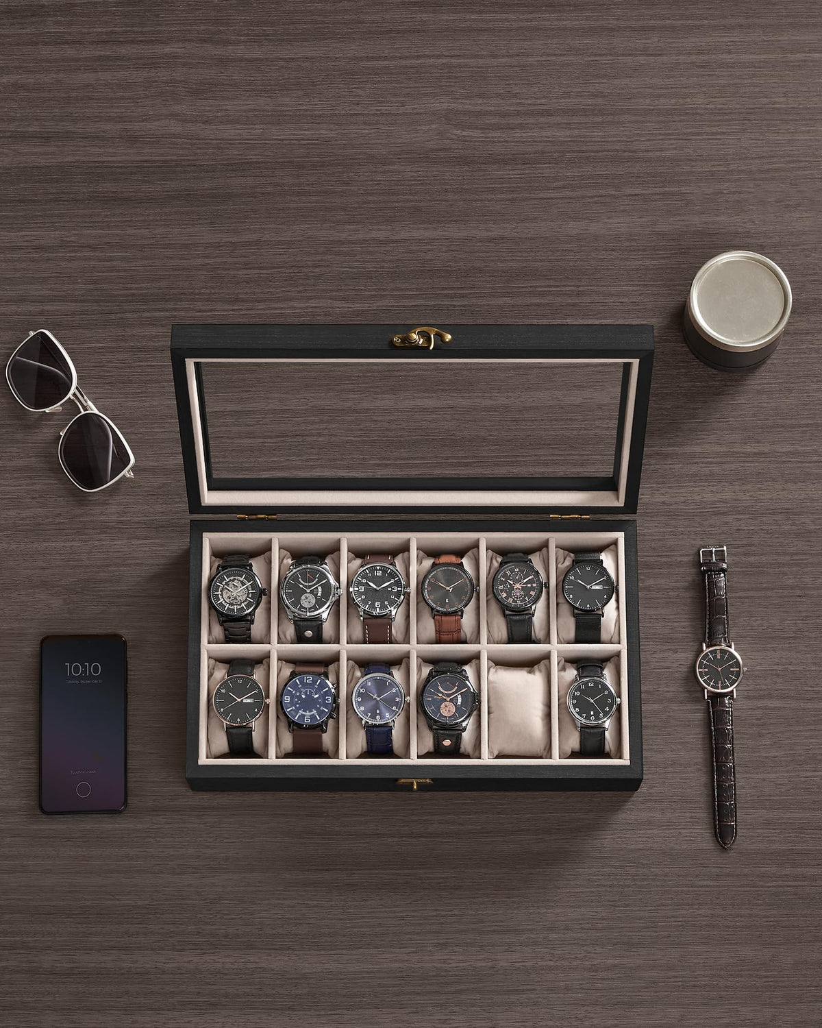 SONGMICS Solid Wood Watch Box Organizer with 12 Slots, Glass Lid, Ebony DEMO
