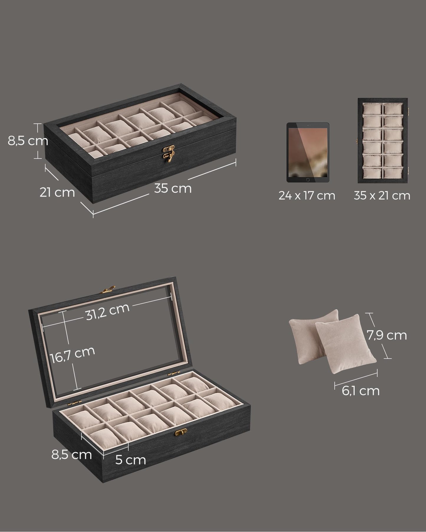 SONGMICS Solid Wood Watch Box Organizer with 12 Slots, Glass Lid, Ebony DEMO