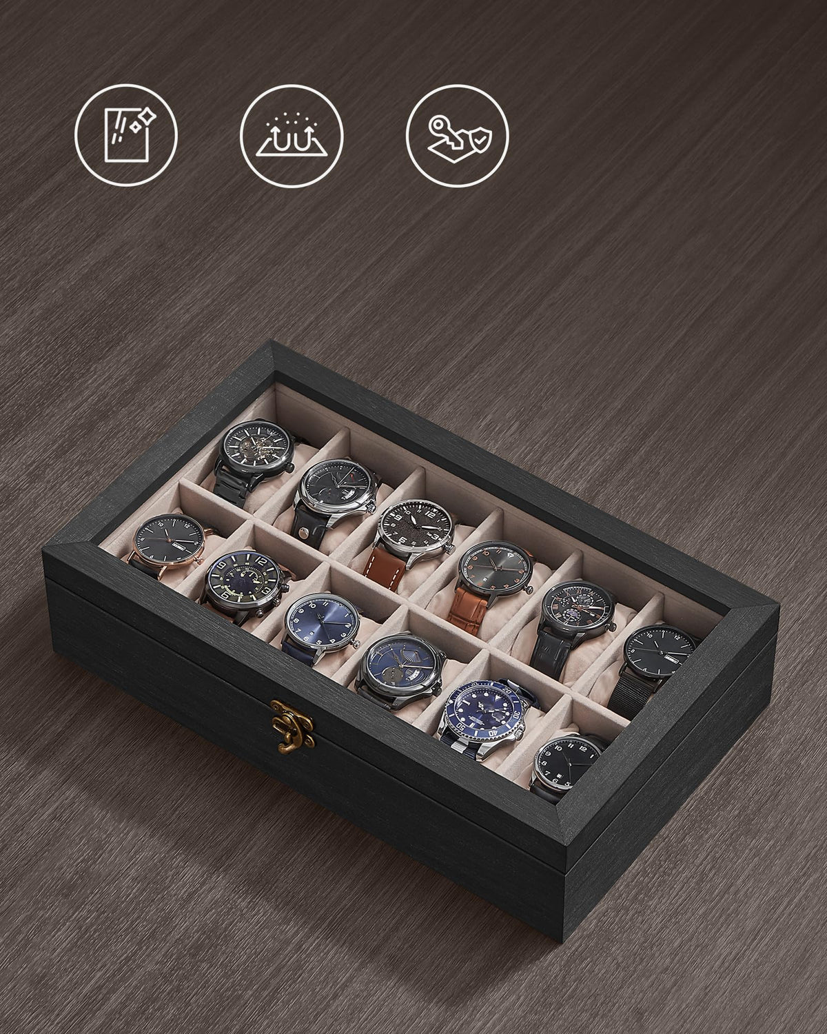 SONGMICS Solid Wood Watch Box Organizer with 12 Slots, Glass Lid, Ebony DEMO