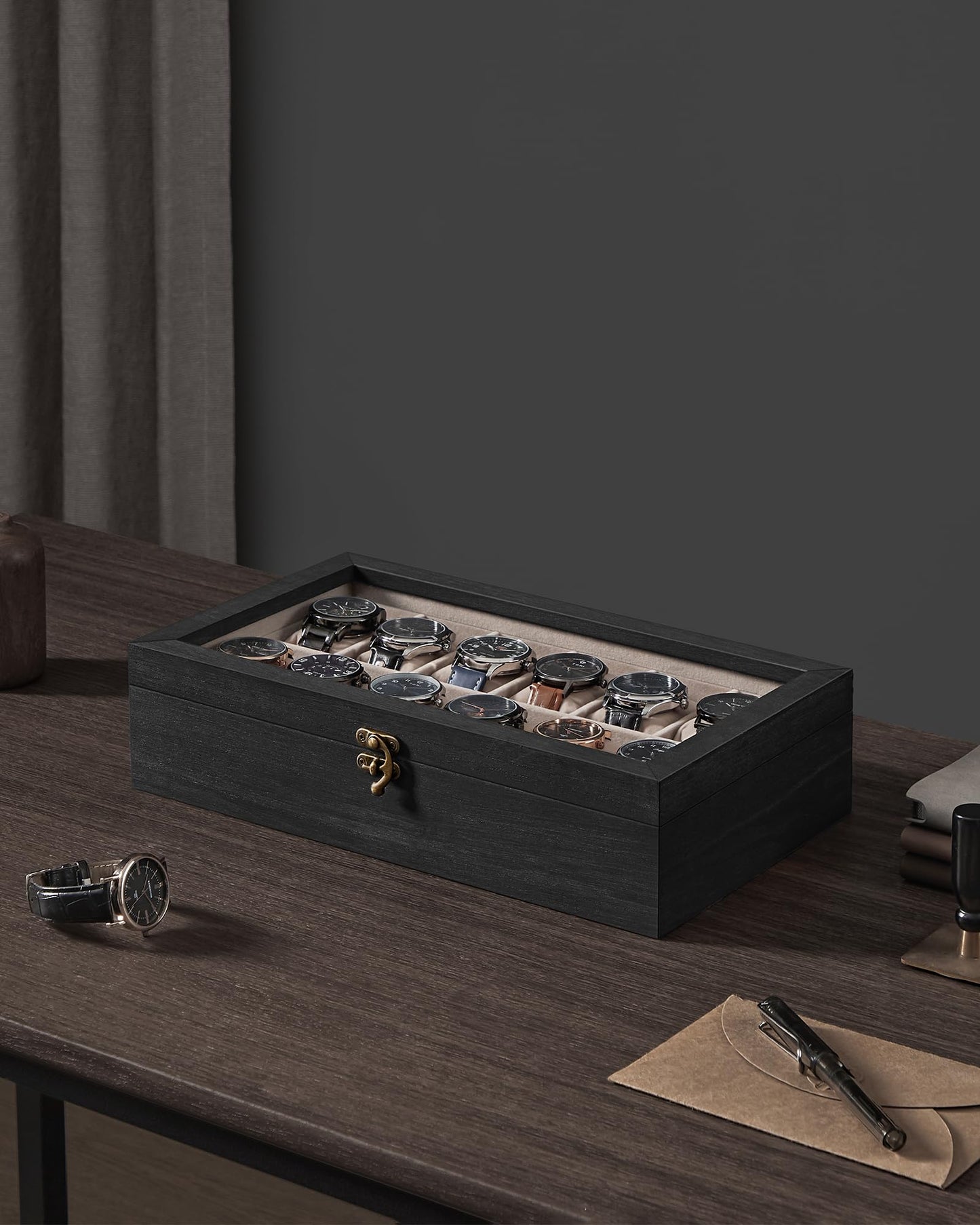 SONGMICS Solid Wood Watch Box Organizer with 12 Slots, Glass Lid, Ebony DEMO