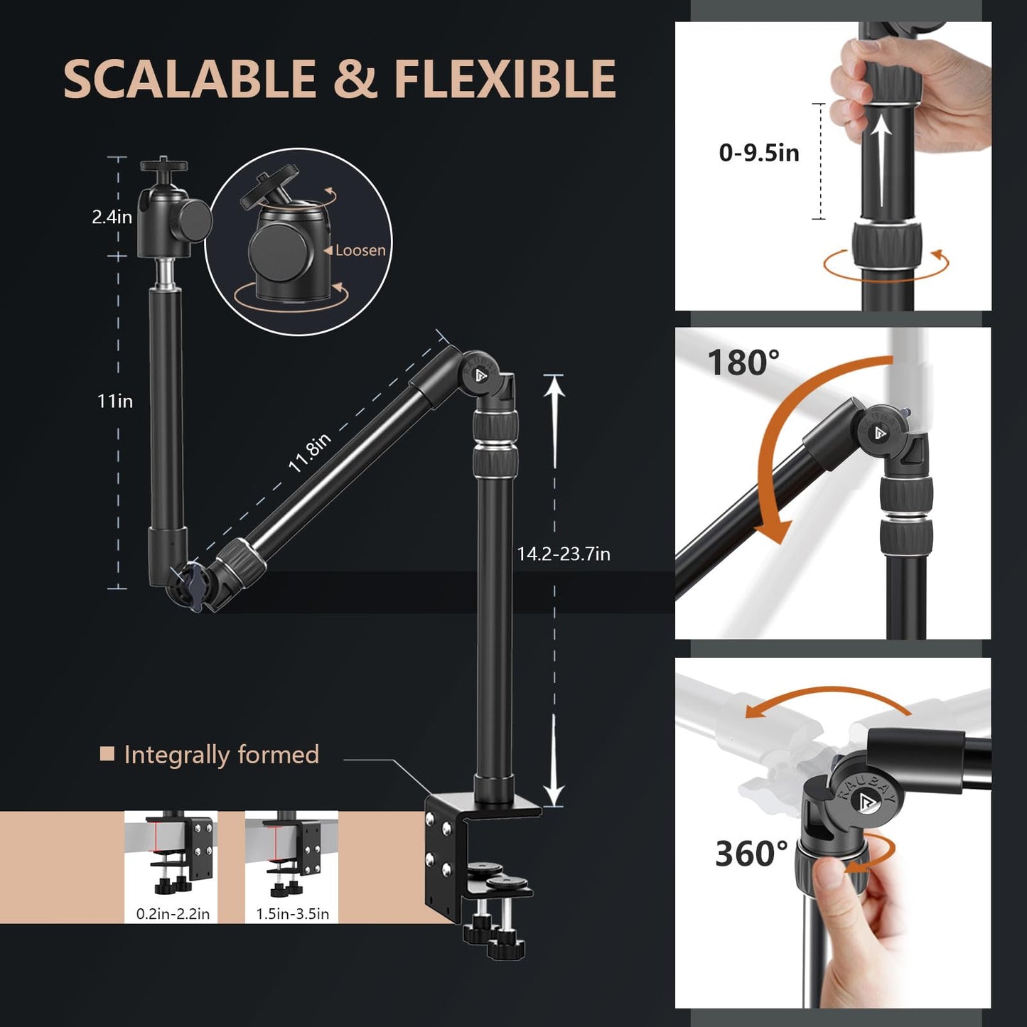 RAUBAY Camera Desk Mount Magic Arm with C Clamp, Aluminum Mounts, Black NEW