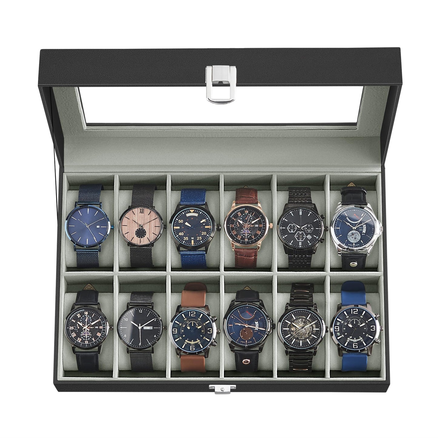 SONGMICS 12-Slot Watch Case with Large Glass Lid and Removable Pillows NEW