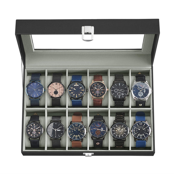 SONGMICS 12-Slot Watch Case with Large Glass Lid and Removable Pillows NEW