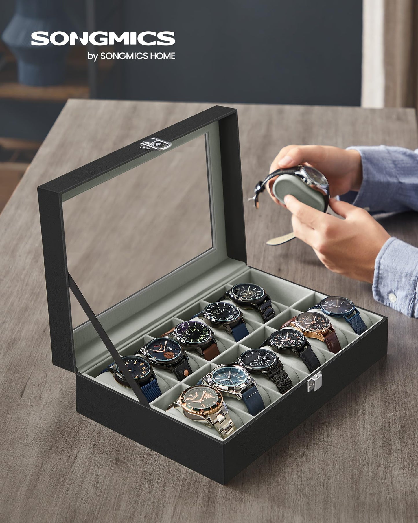 SONGMICS 12-Slot Watch Case with Large Glass Lid and Removable Pillows NEW