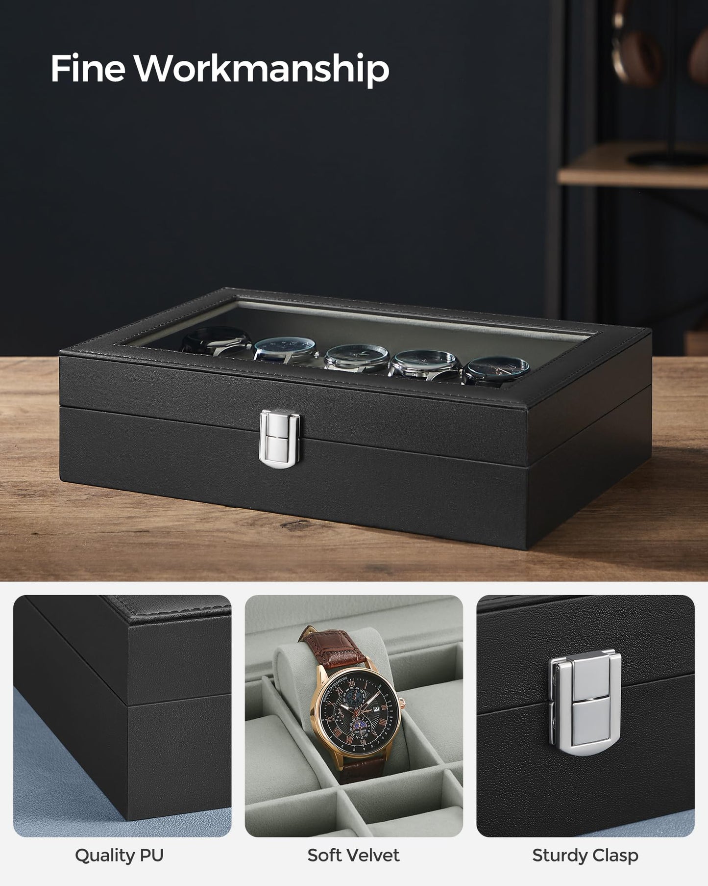 SONGMICS 12-Slot Watch Case with Large Glass Lid and Removable Pillows NEW