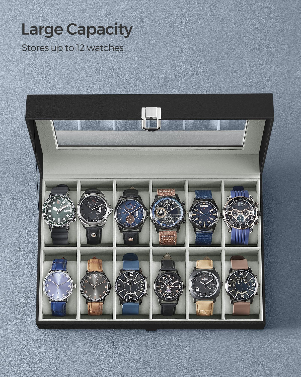 SONGMICS 12-Slot Watch Case with Large Glass Lid and Removable Pillows NEW