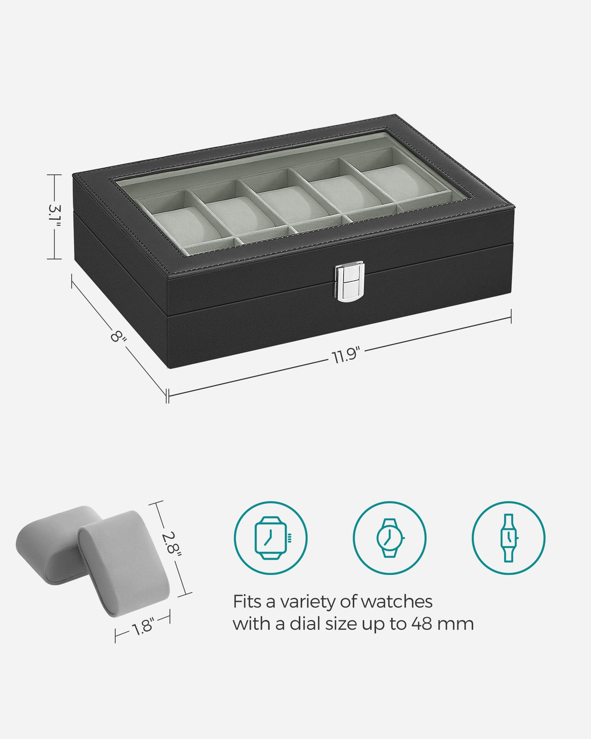 SONGMICS 12-Slot Watch Case with Large Glass Lid and Removable Pillows NEW