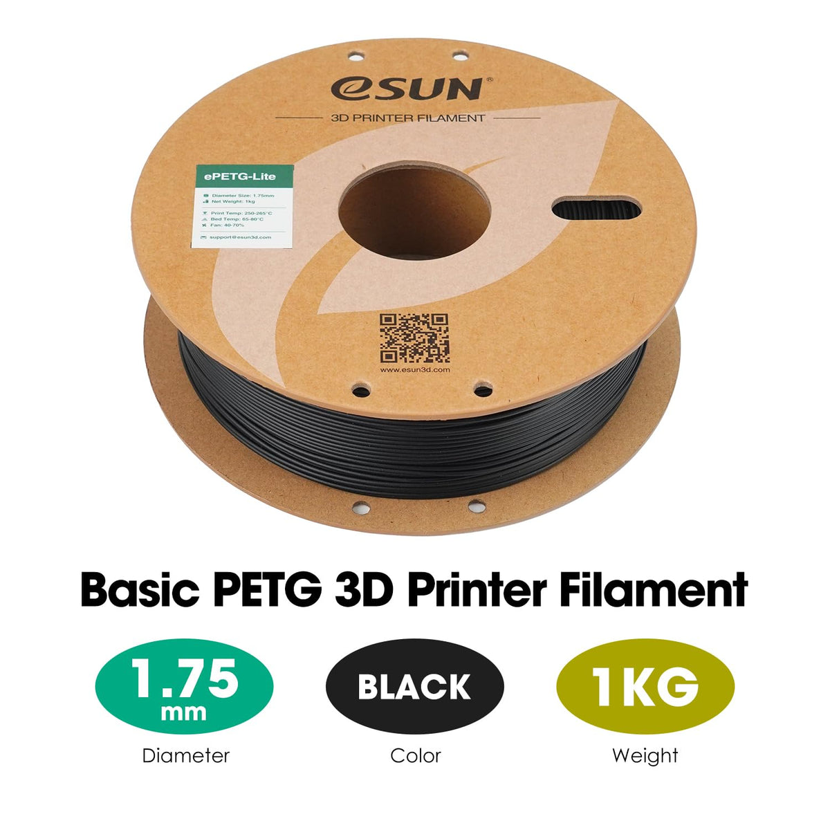 eSUN PETG 3D Printer Filament 1.75mm, Black, Dimensional Accuracy (2 Pack) NEW
