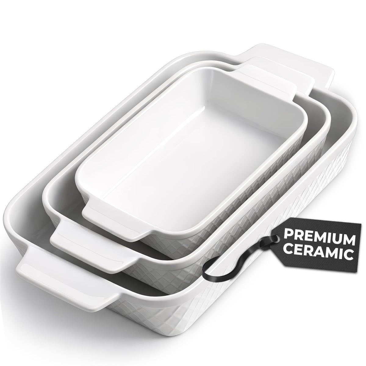 MIAMIO Ceramic Rectangular Baking Pan Set of 3 White Casserole Dishes NEW