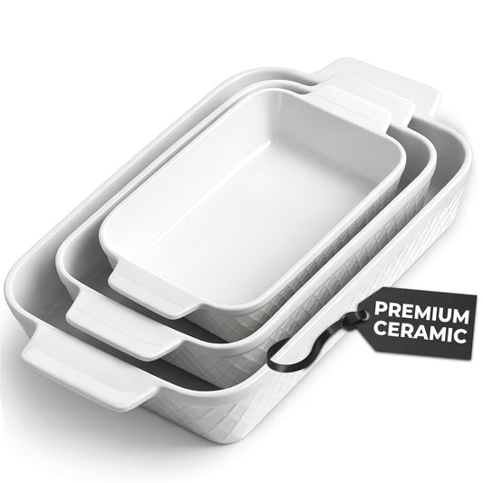 MIAMIO Ceramic Rectangular Baking Pan Set of 3 White Casserole Dishes NEW