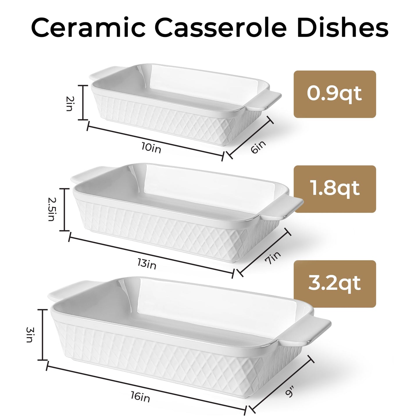 MIAMIO Ceramic Rectangular Baking Pan Set of 3 White Casserole Dishes NEW