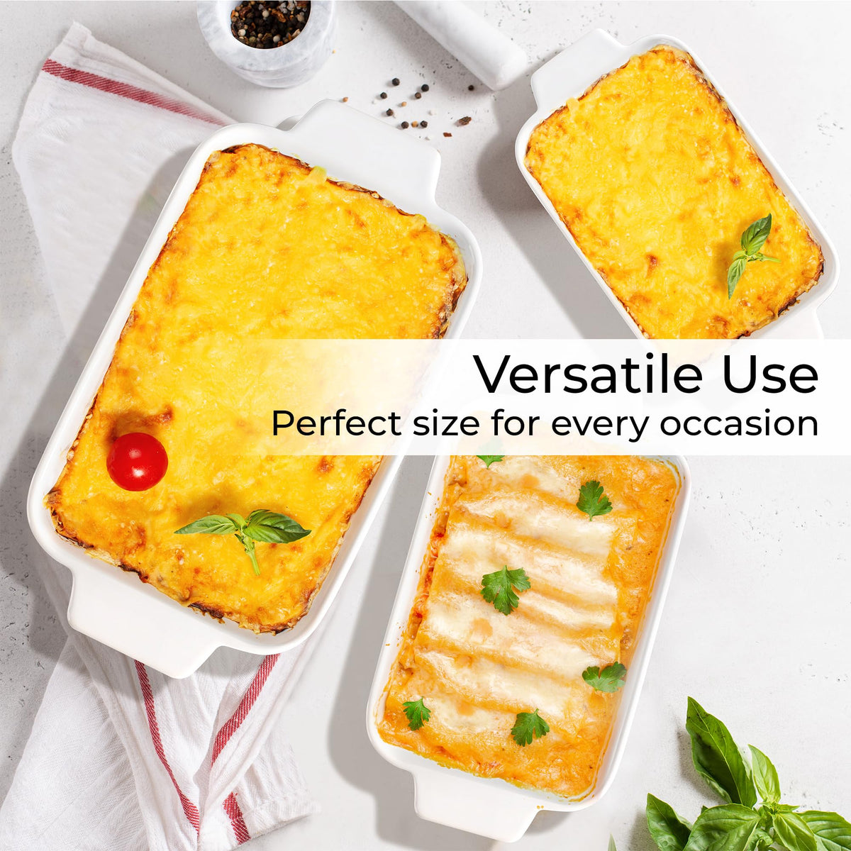 MIAMIO Ceramic Rectangular Baking Pan Set of 3 White Casserole Dishes NEW