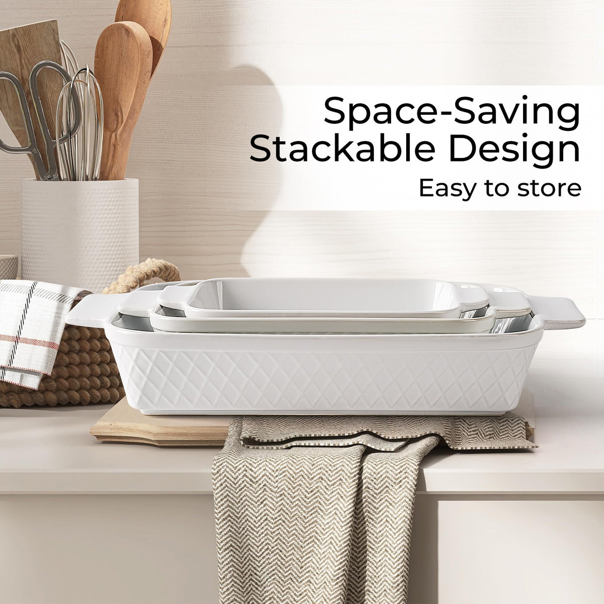 MIAMIO Ceramic Rectangular Baking Pan Set of 3 White Casserole Dishes NEW