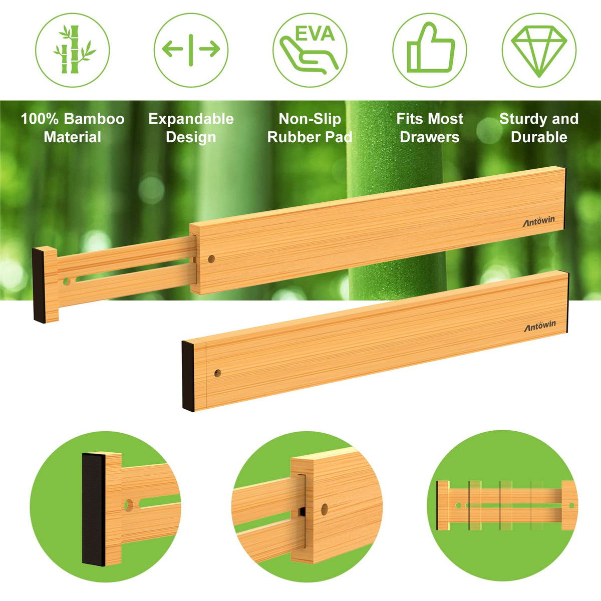 ANTOWIN Expandable Bamboo Drawer Dividers Organizers Kitchen Storage NEW