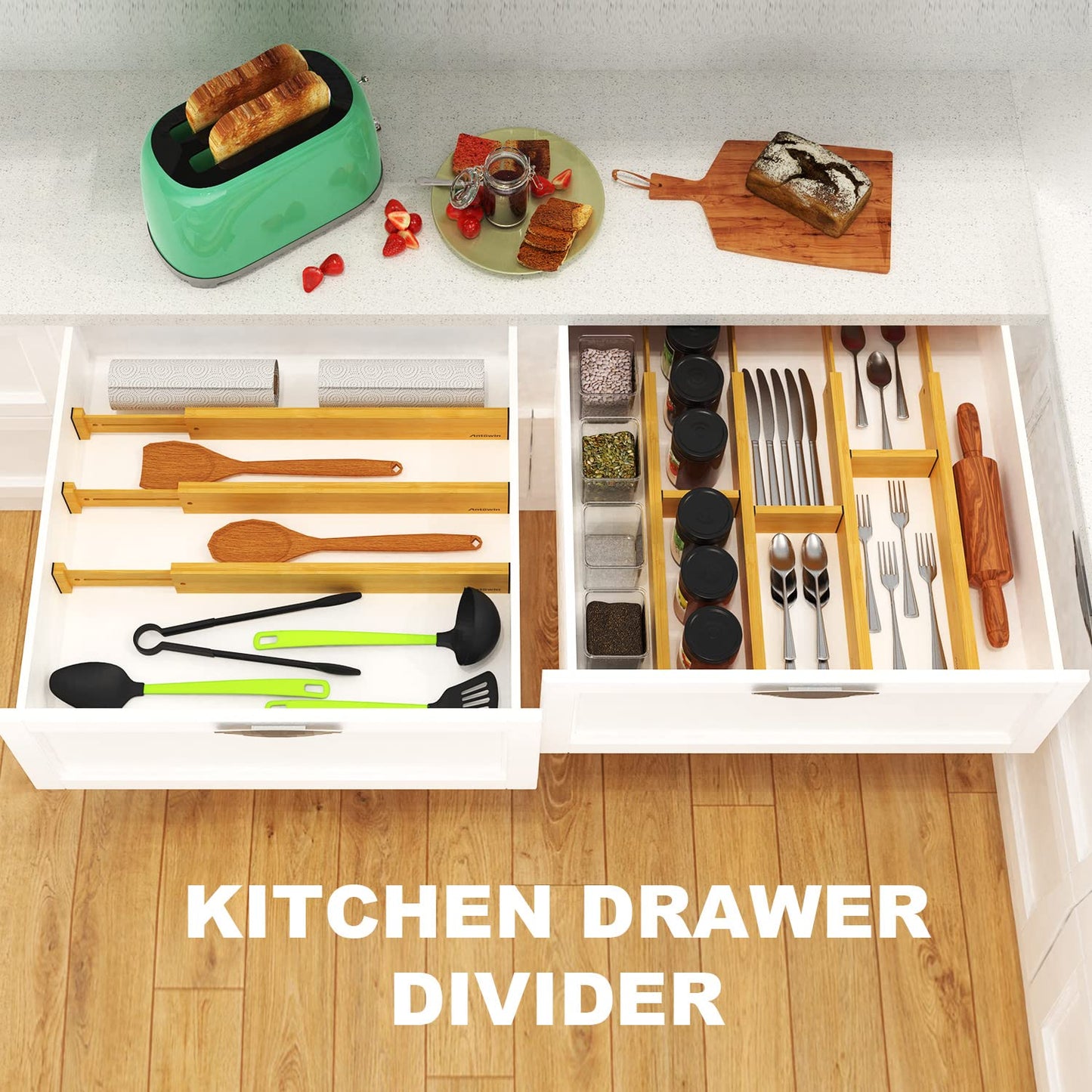 ANTOWIN Expandable Bamboo Drawer Dividers Organizers Kitchen Storage NEW