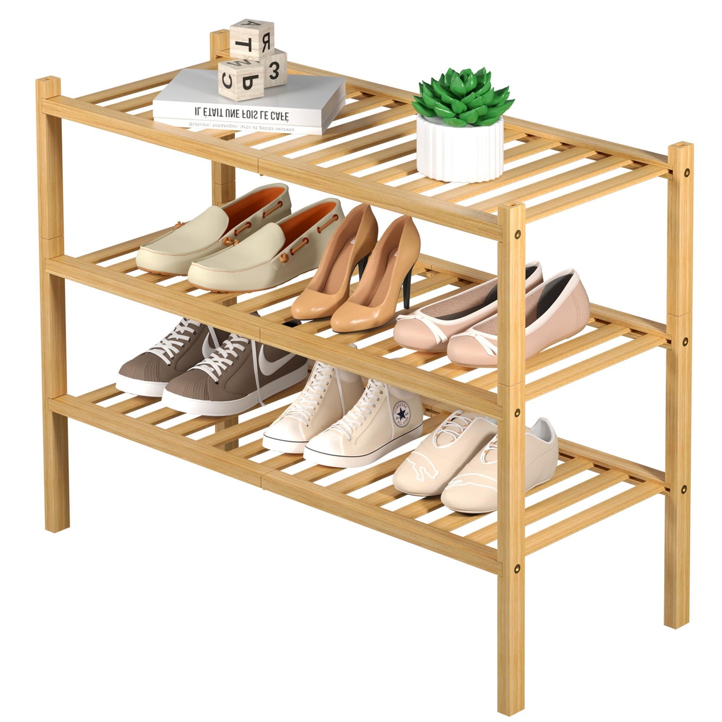 D&D EVA 3 Tier Bamboo Free Standing Shoe Rack Storage Organizer for Home DEMO