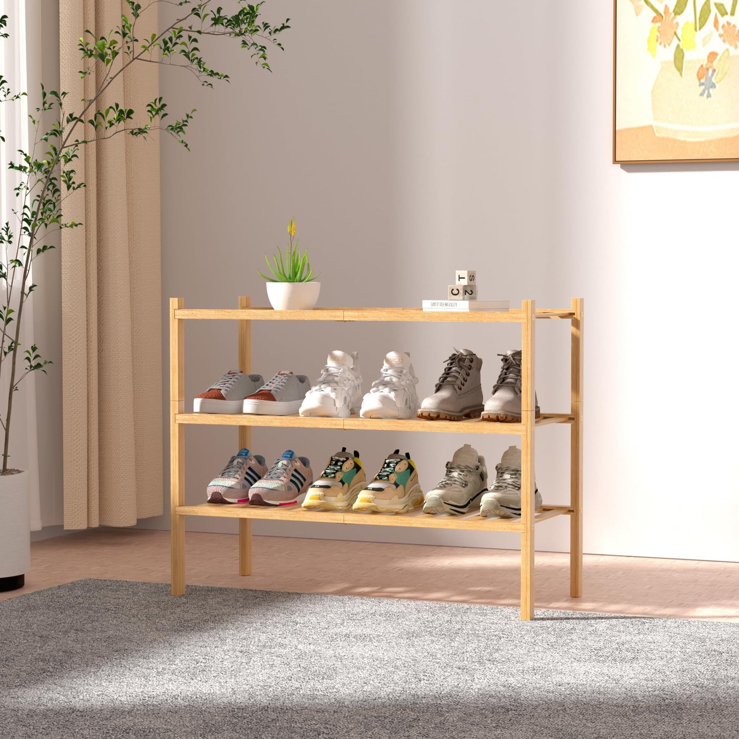 D&D EVA 3 Tier Bamboo Free Standing Shoe Rack Storage Organizer for Home DEMO