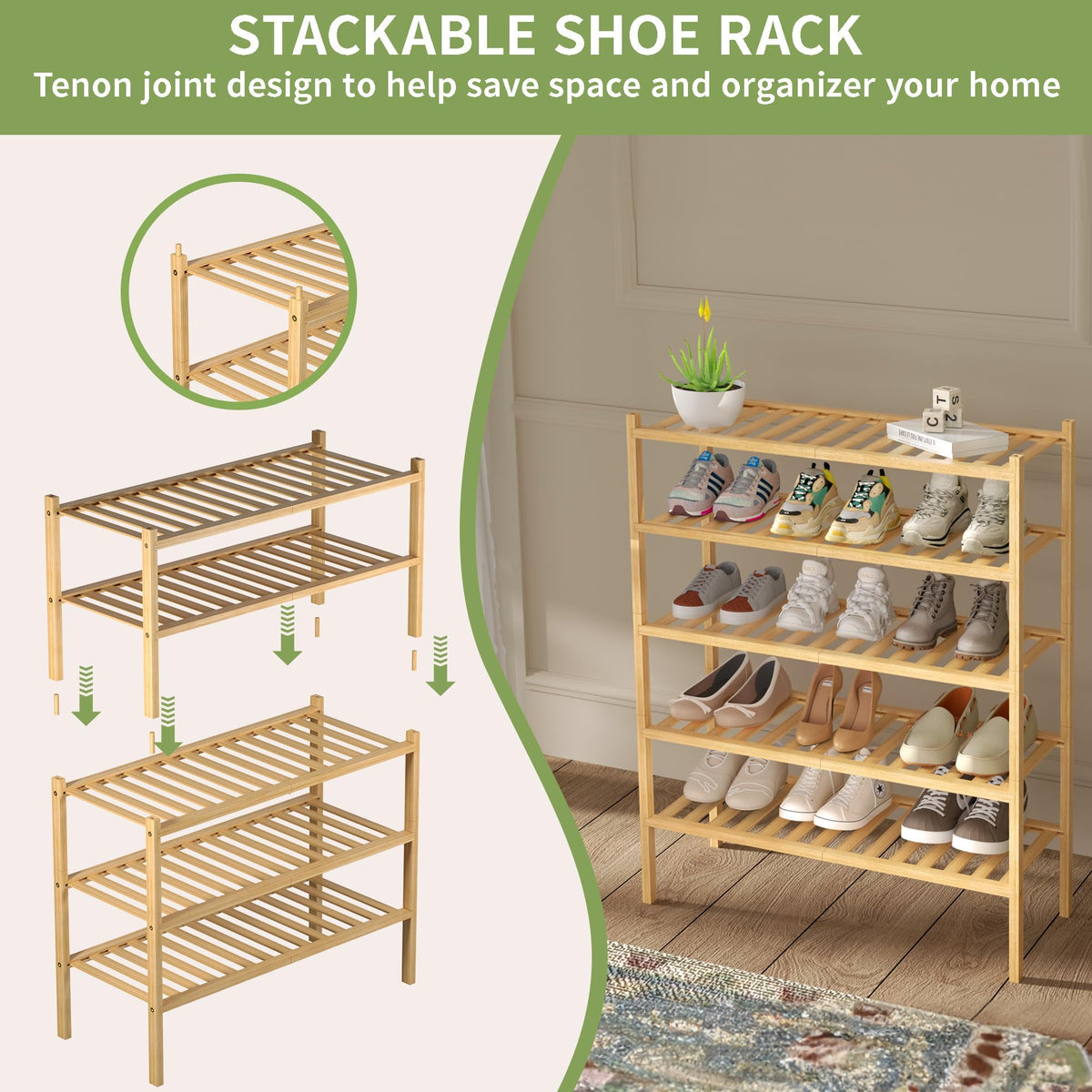 D&D EVA 3 Tier Bamboo Free Standing Shoe Rack Storage Organizer for Home DEMO