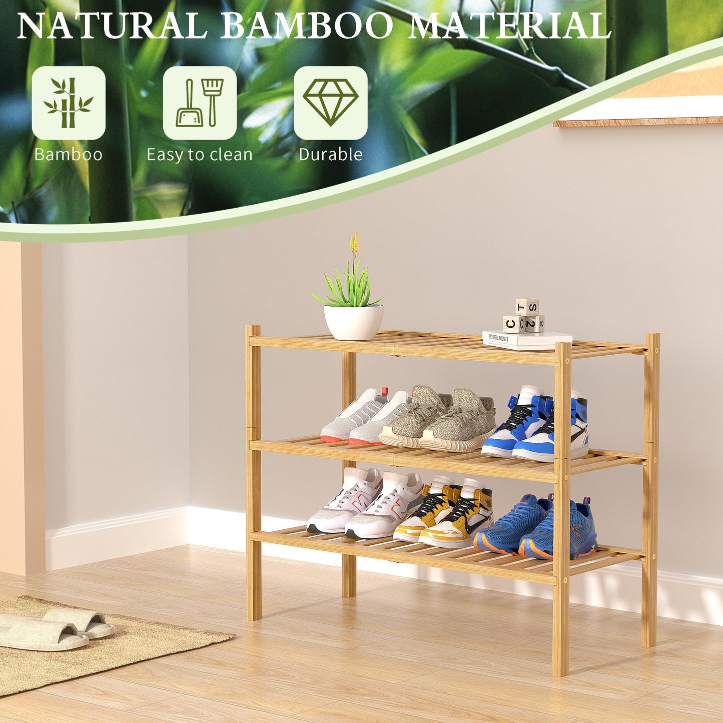 D&D EVA 3 Tier Bamboo Free Standing Shoe Rack Storage Organizer for Home DEMO