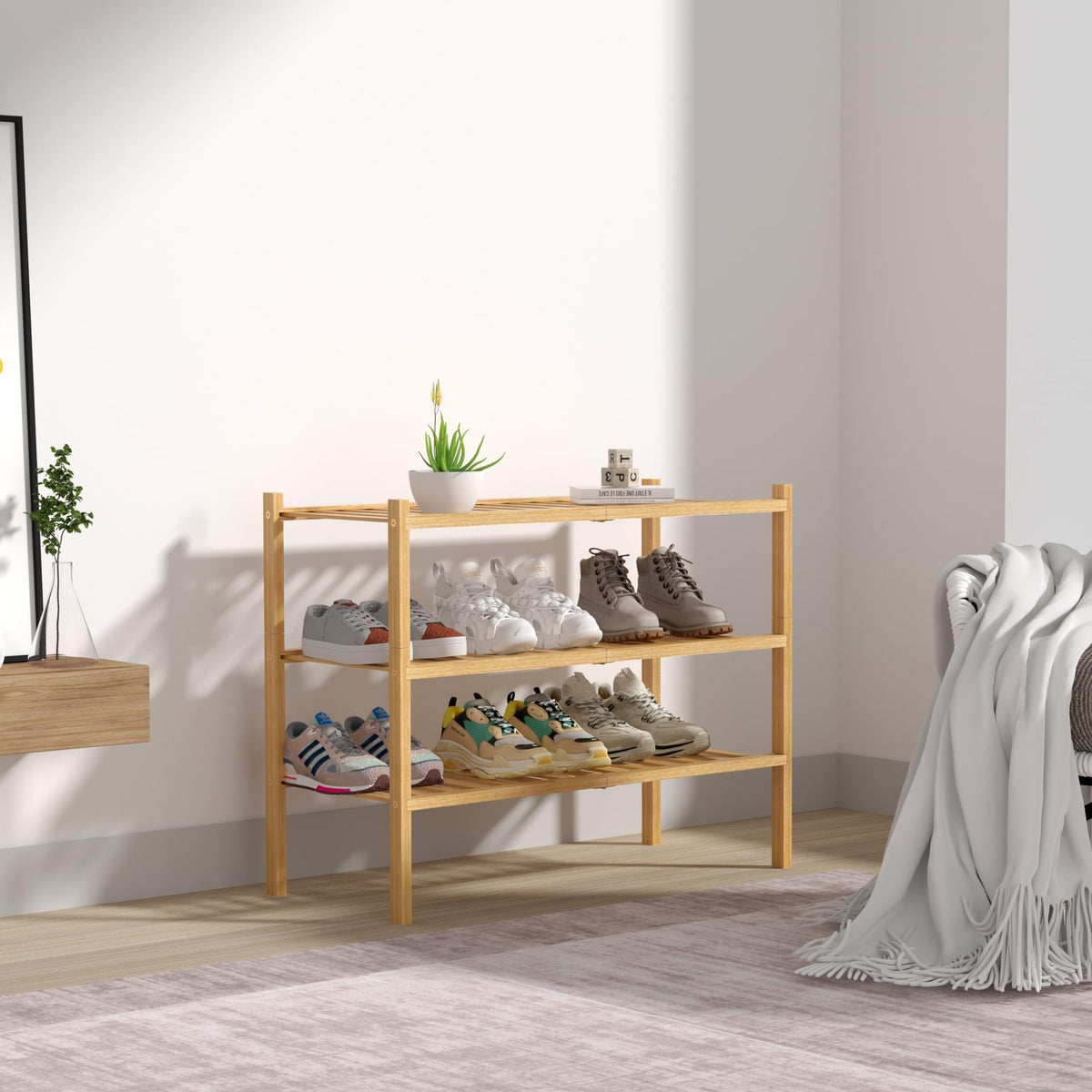 D&D EVA 3 Tier Bamboo Free Standing Shoe Rack Storage Organizer for Home DEMO