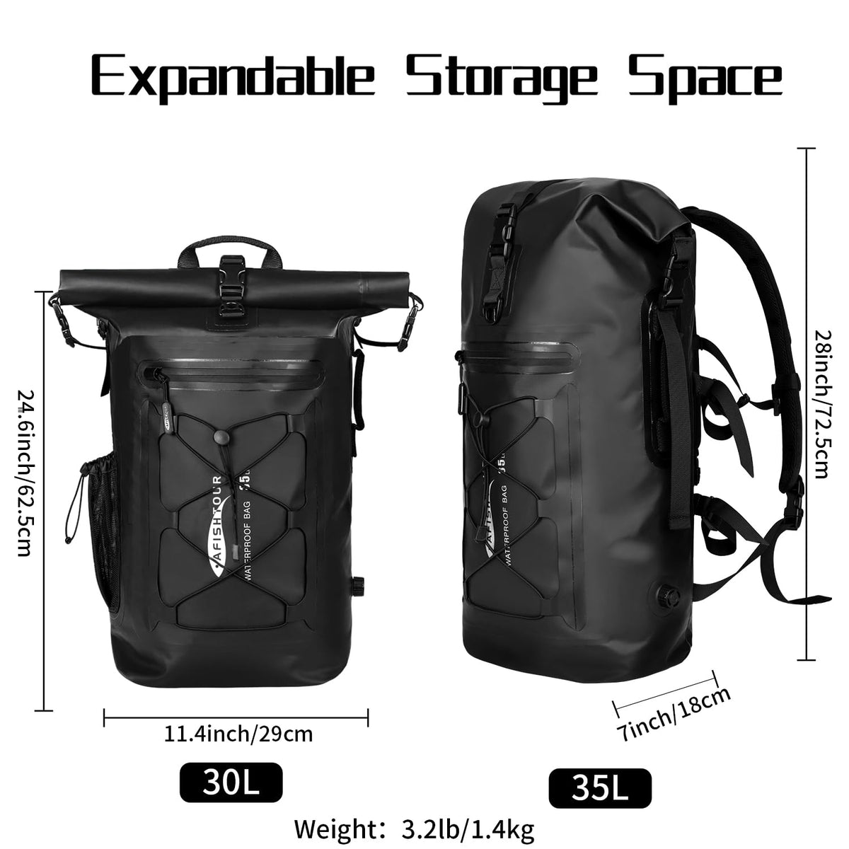 AFISHTOUR 35L Dry Bags Waterproof Floating Dry Bag Backpack, Roll-Top, Black NEW