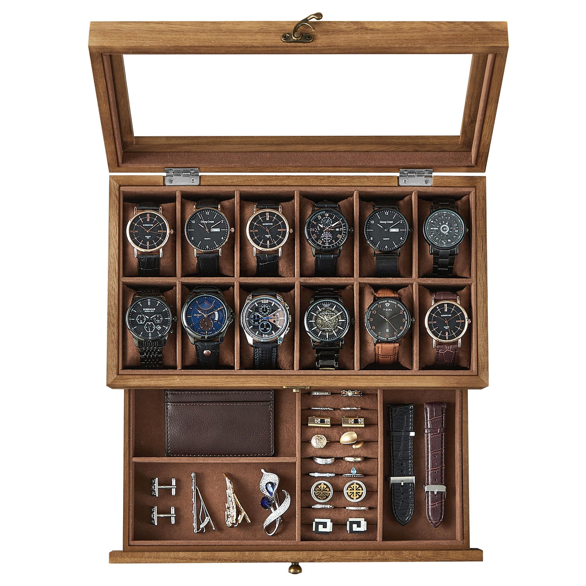 SONGMICS Womens 12-Compartment Watch Box with Rustic Walnut Finish & Glass NEW