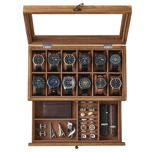 SONGMICS Womens 12-Compartment Watch Box with Rustic Walnut Finish & Glass NEW