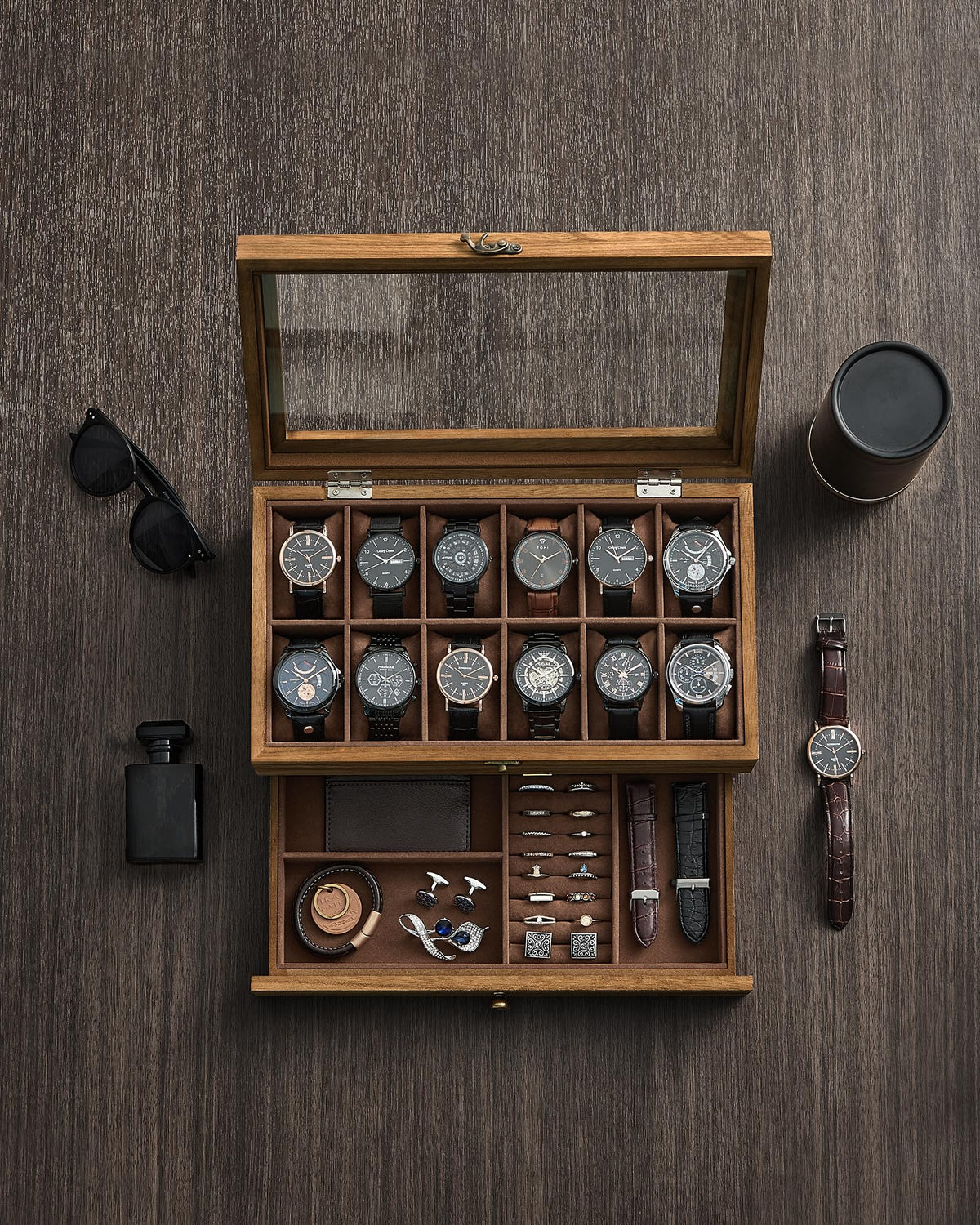 SONGMICS Womens 12-Compartment Watch Box with Rustic Walnut Finish & Glass NEW