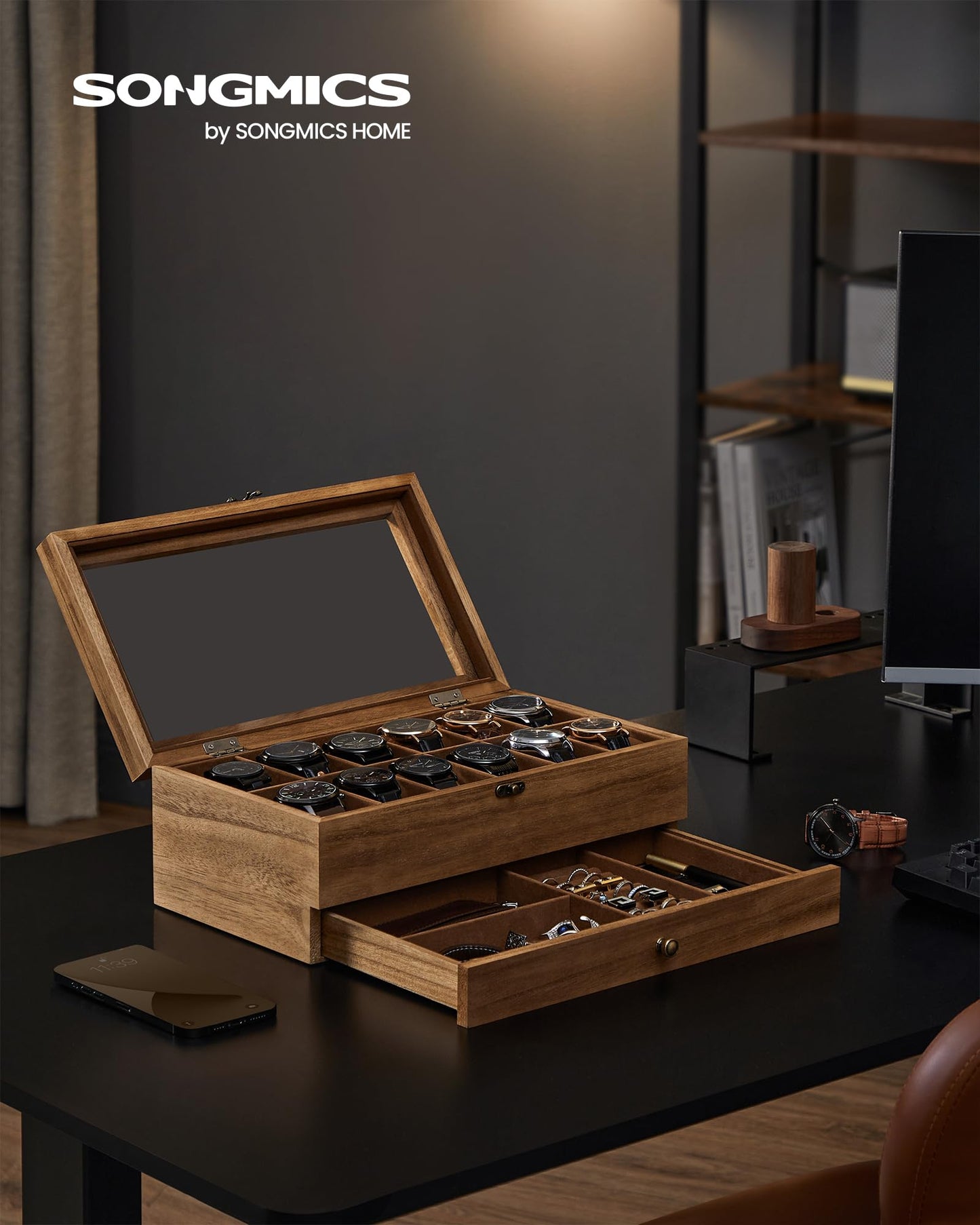 SONGMICS Womens 12-Compartment Watch Box with Rustic Walnut Finish & Glass NEW