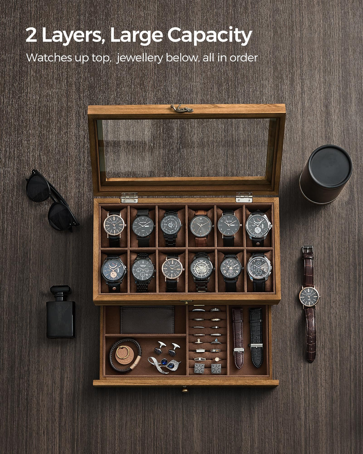 SONGMICS Womens 12-Compartment Watch Box with Rustic Walnut Finish & Glass NEW
