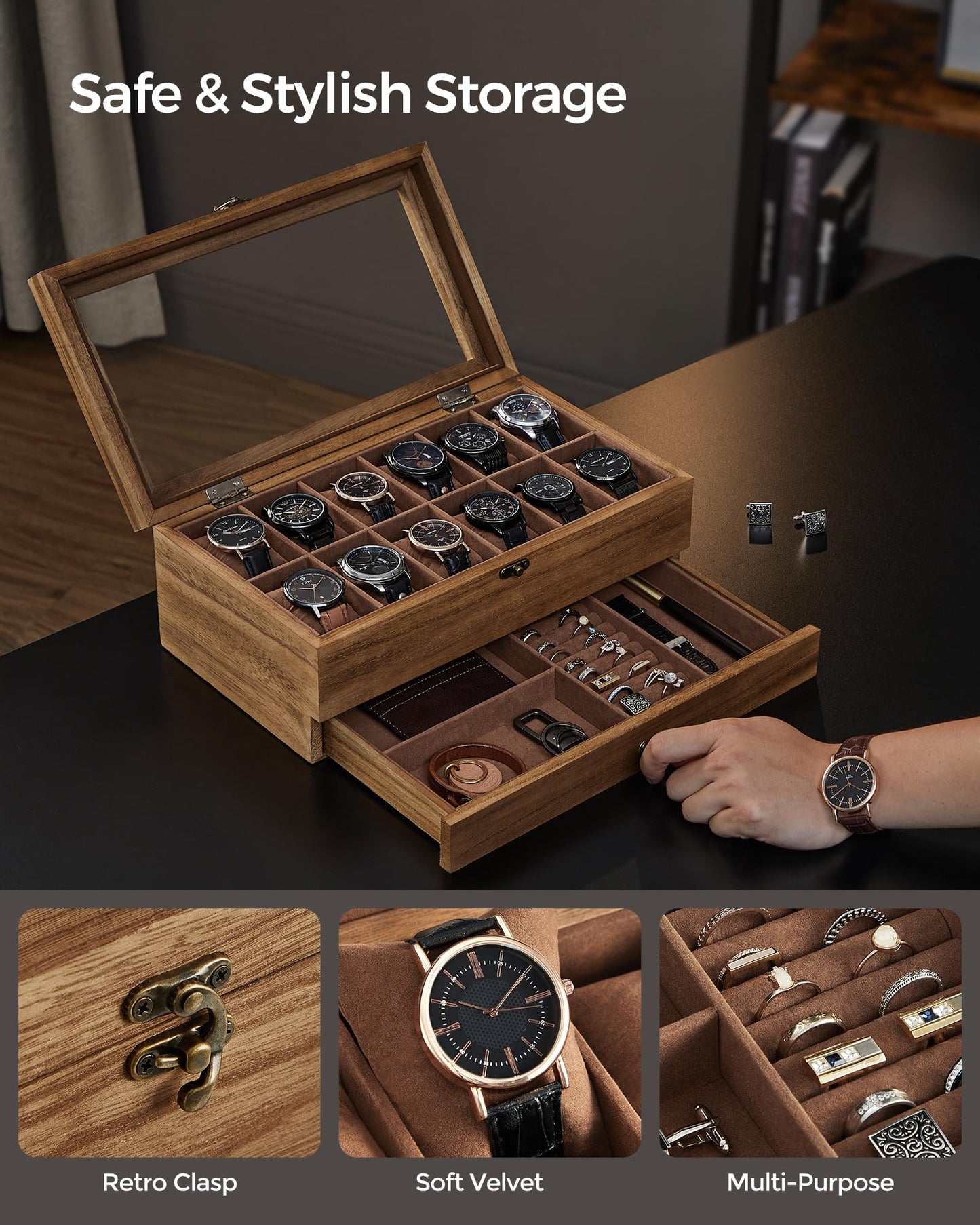 SONGMICS Womens 12-Compartment Watch Box with Rustic Walnut Finish & Glass NEW