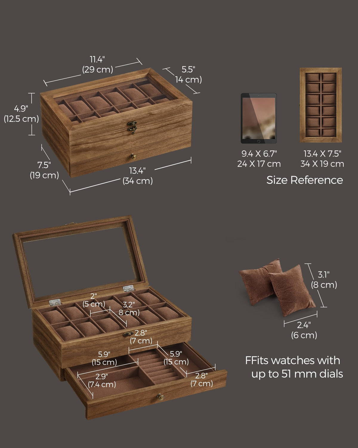 SONGMICS Womens 12-Compartment Watch Box with Rustic Walnut Finish & Glass NEW