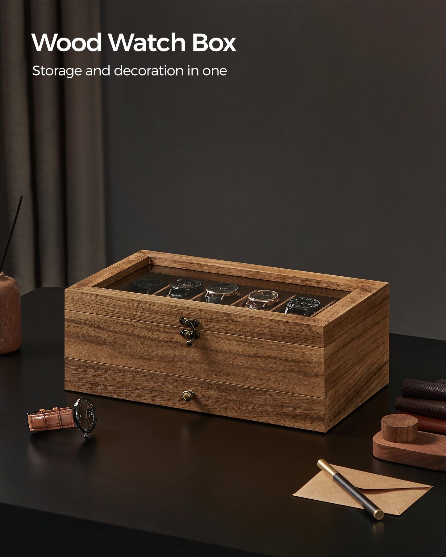 SONGMICS Womens 12-Compartment Watch Box with Rustic Walnut Finish & Glass NEW