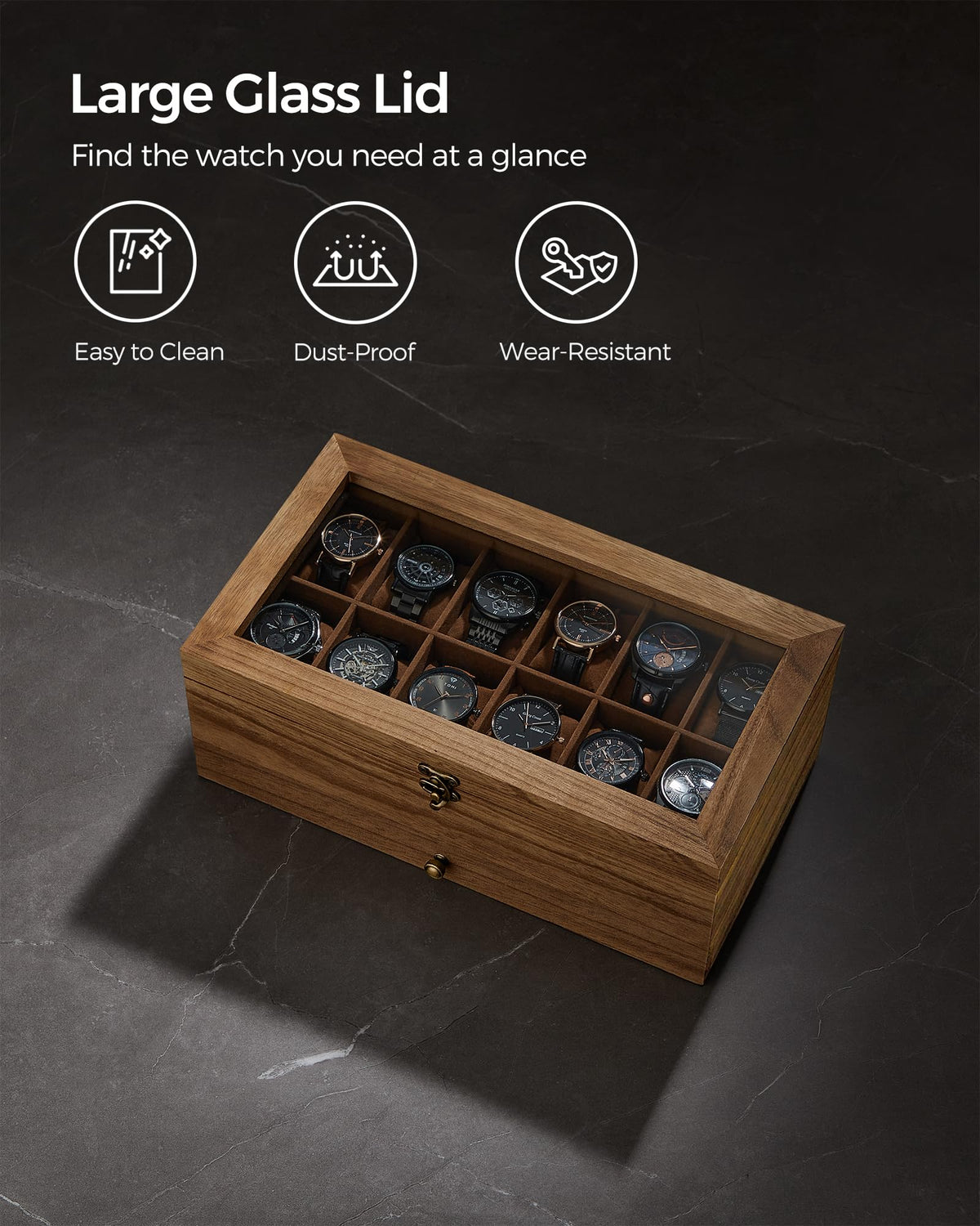 SONGMICS Womens 12-Compartment Watch Box with Rustic Walnut Finish & Glass NEW