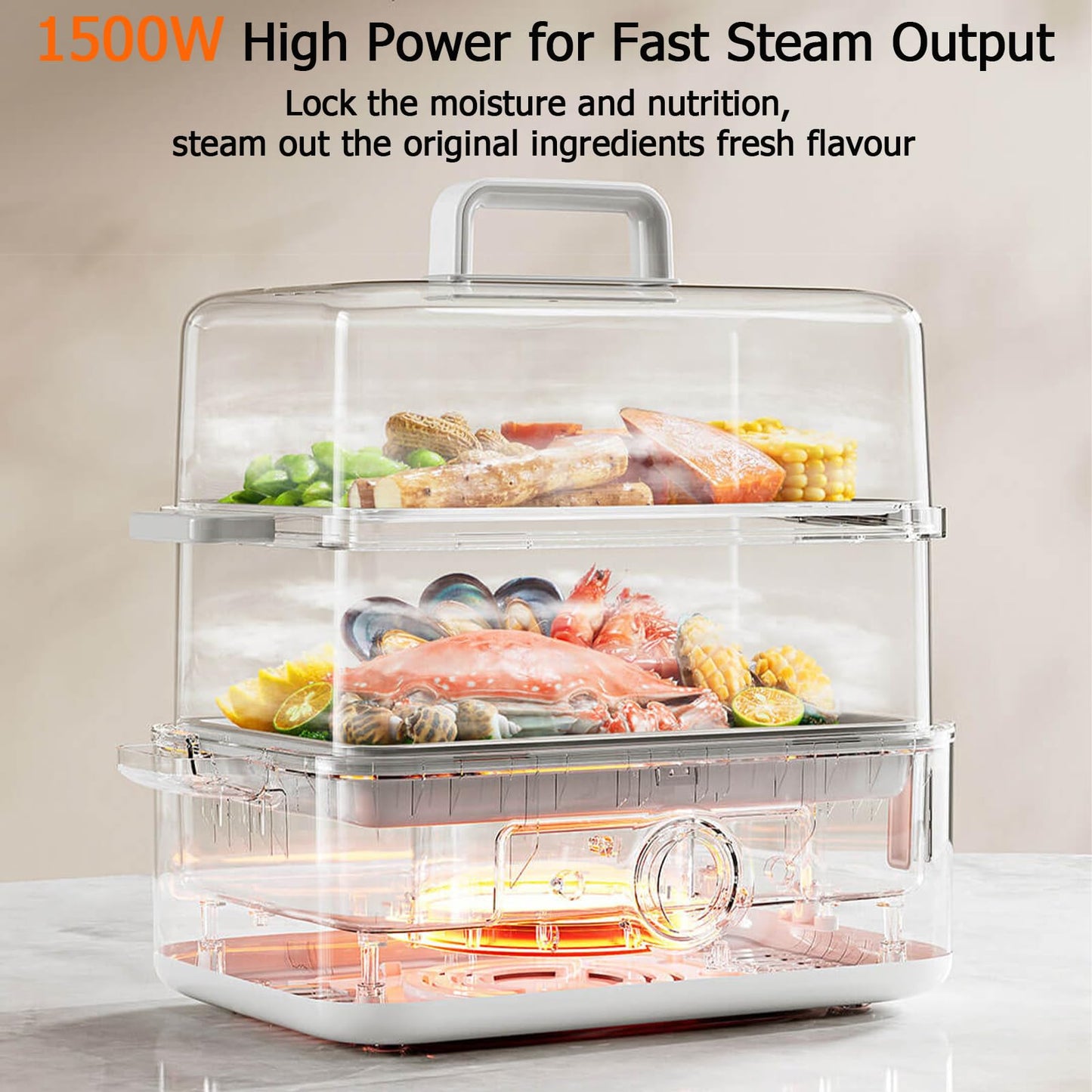 XMIHOME 1500W 2-Tier 12L Capacity Electric Food Steamer, White Vegetable DEMO