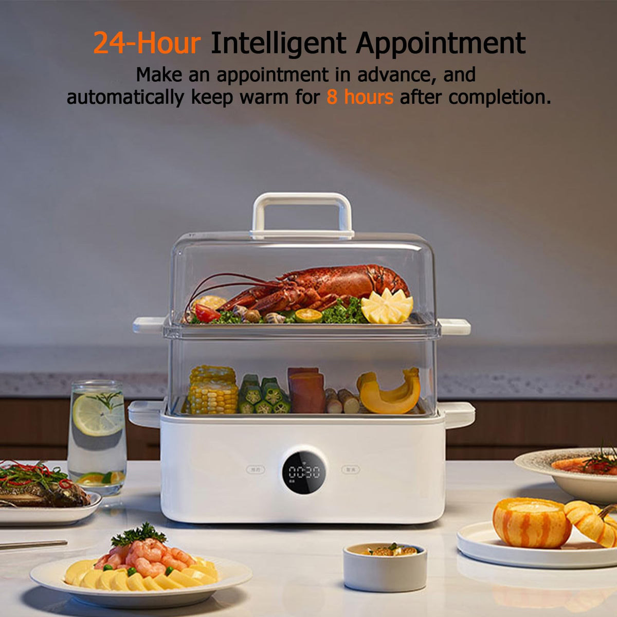 XMIHOME 1500W 2-Tier 12L Capacity Electric Food Steamer, White Vegetable DEMO