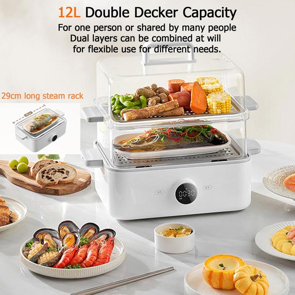 XMIHOME 1500W 2-Tier 12L Capacity Electric Food Steamer, White Vegetable DEMO