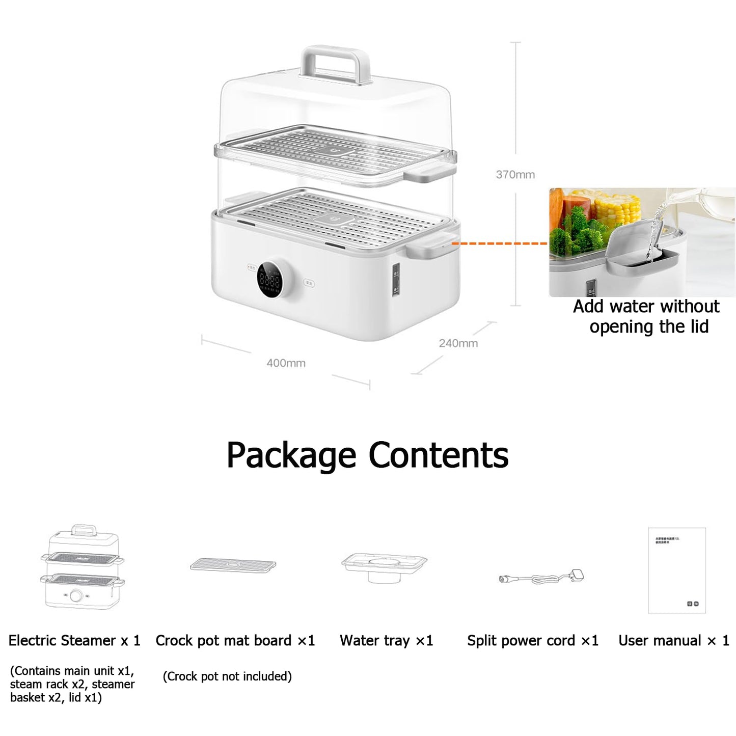 XMIHOME 1500W 2-Tier 12L Capacity Electric Food Steamer, White Vegetable DEMO