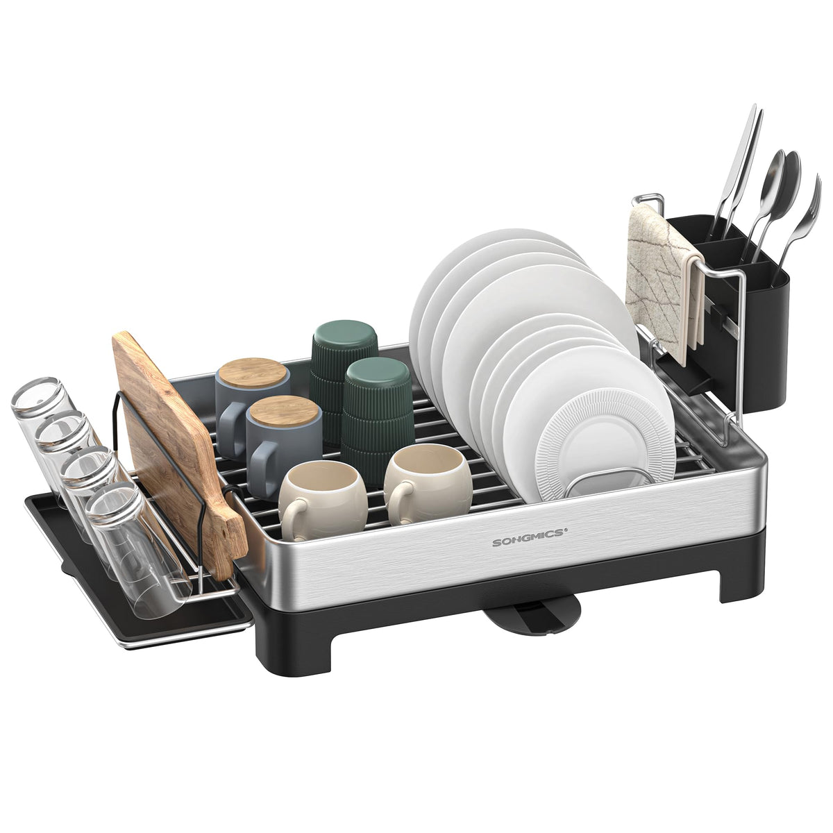 SONGMICS Stainless Steel Dish Drainer Drying Rack with Cup Holder Silver NEW
