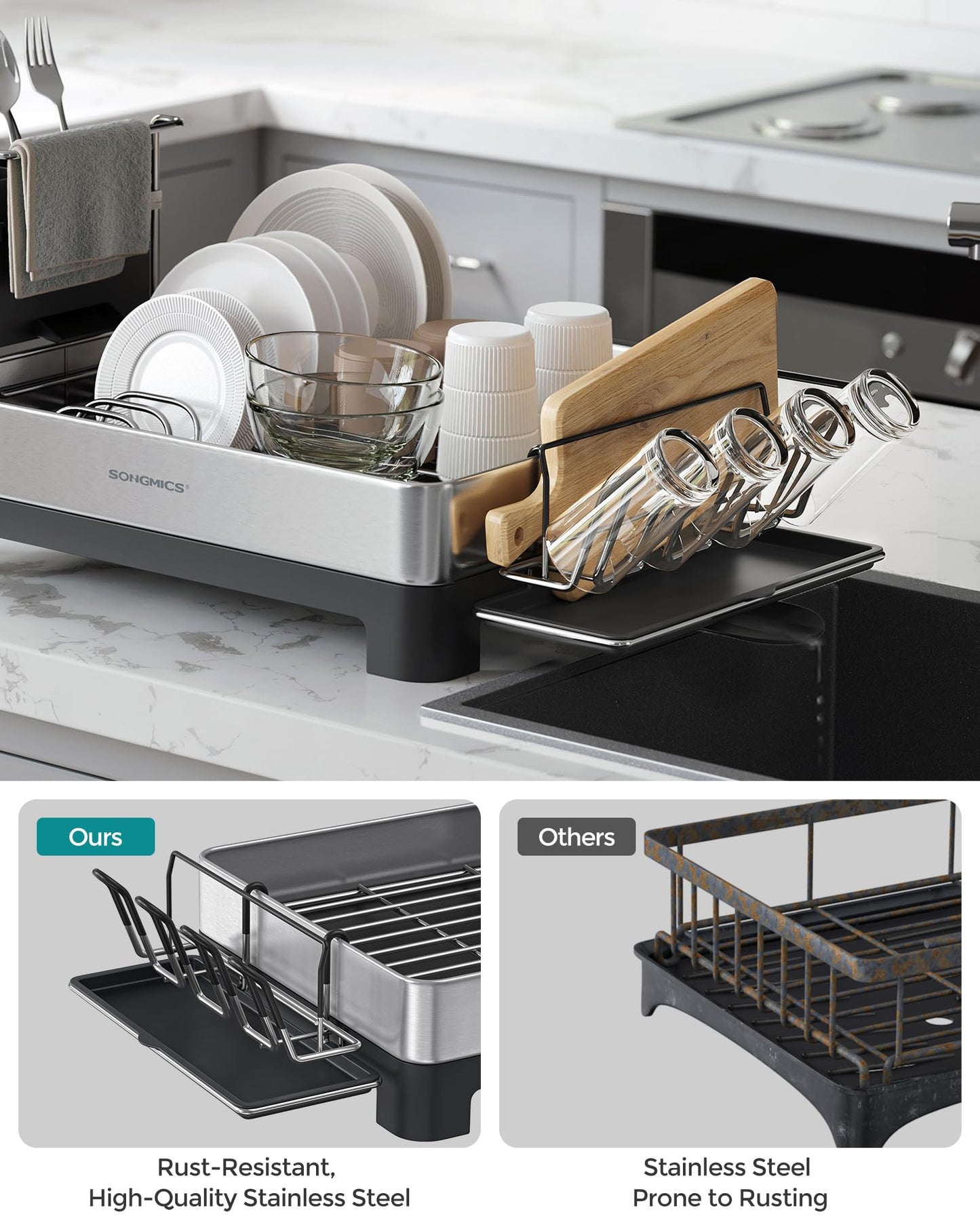 SONGMICS Stainless Steel Dish Drainer Drying Rack with Cup Holder Silver NEW