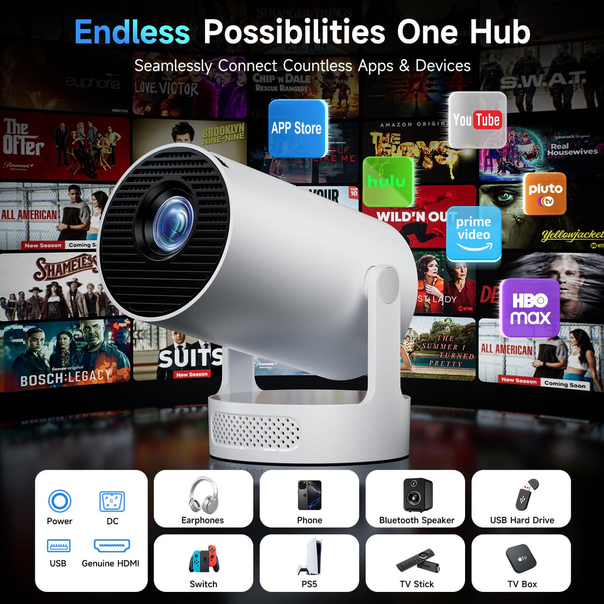 Kimwood 1080P Mini Projector with Upgraded HiFi Speaker & Built-in Apps NEW
