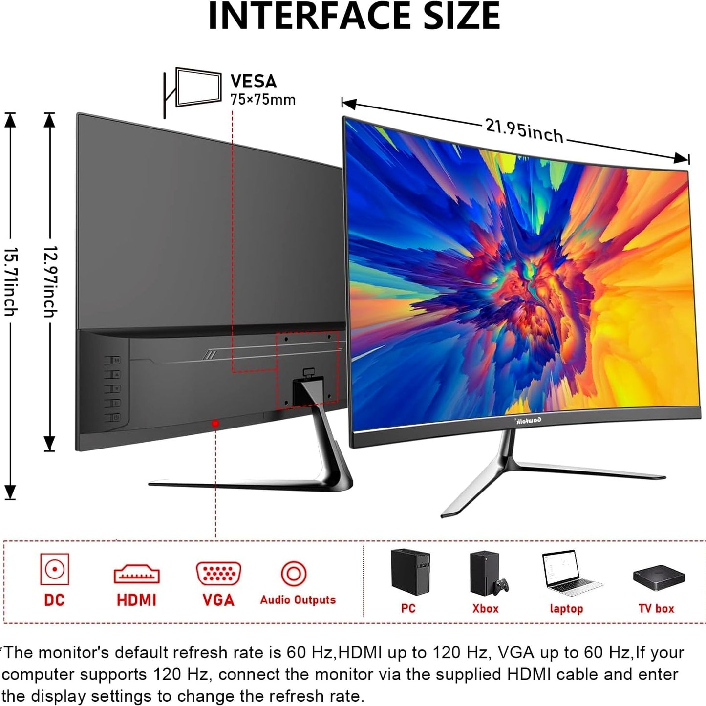 Gawfolk 24.5 Inch Gaming Curved Monitor Built-in Speakers, 3000R 120Hz FHD DEMO