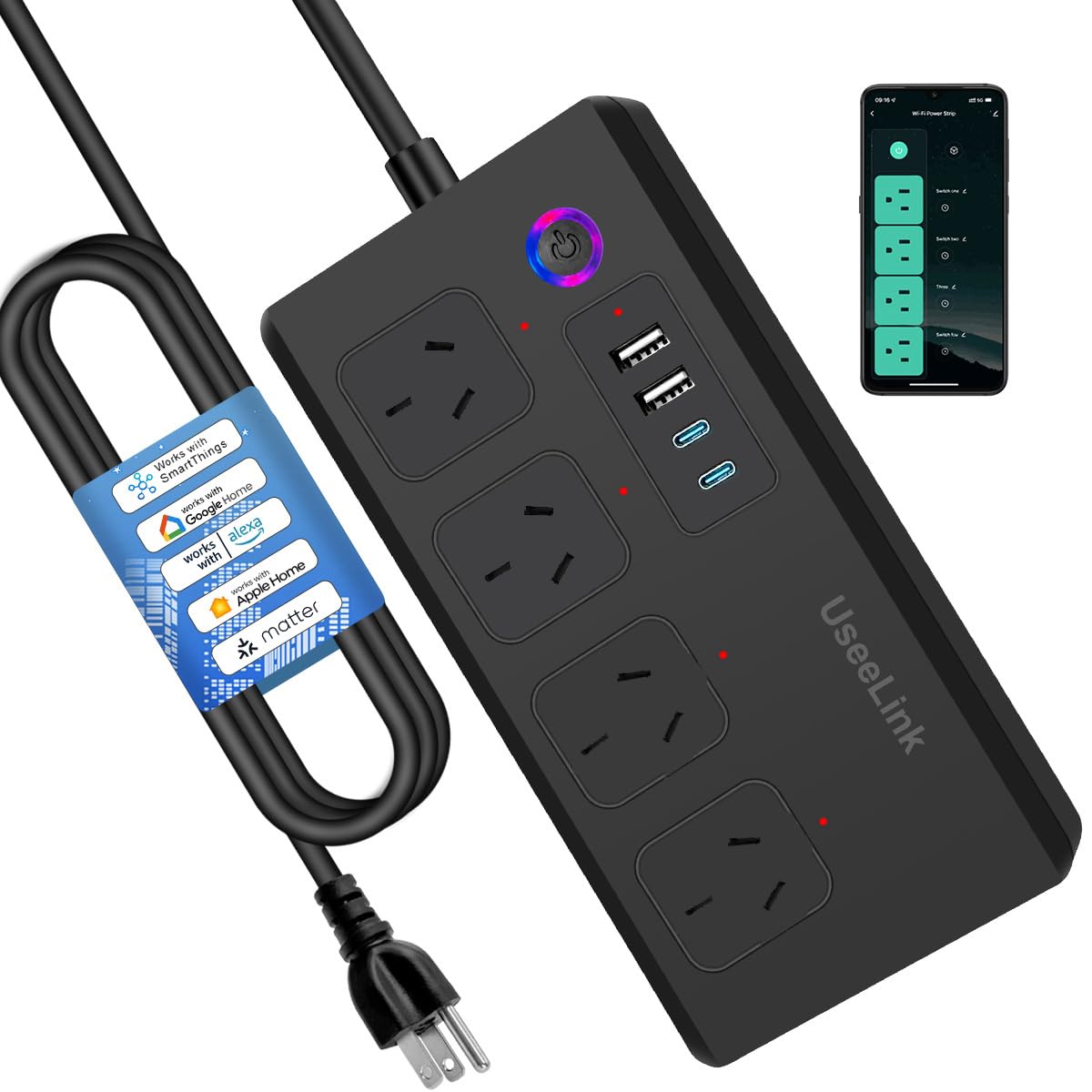 UseeLink WiFi Smart Power Strip with 4 Outlets & 2 USB Ports Black NEW