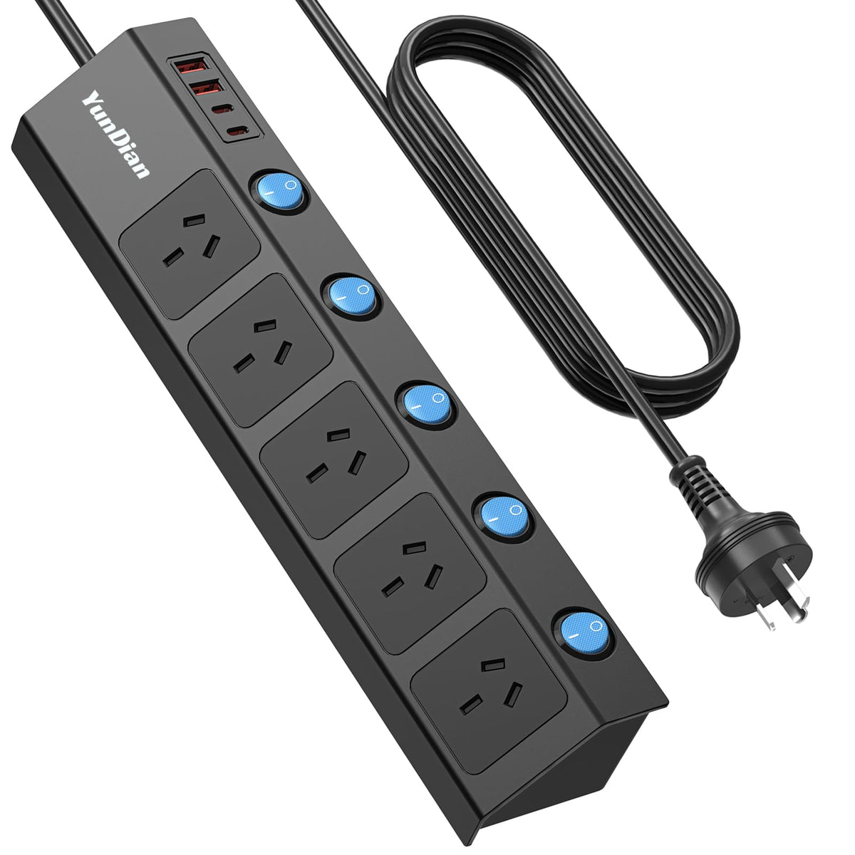 Versatile 5-Outlet Power Strip with Dual USB-A & USB-C Charging Ports, Black NEW