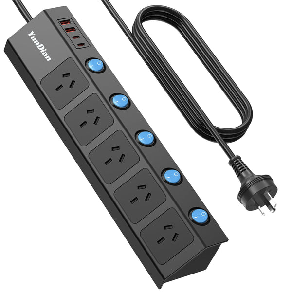 Versatile 5-Outlet Power Strip with Dual USB-A & USB-C Charging Ports, Black NEW