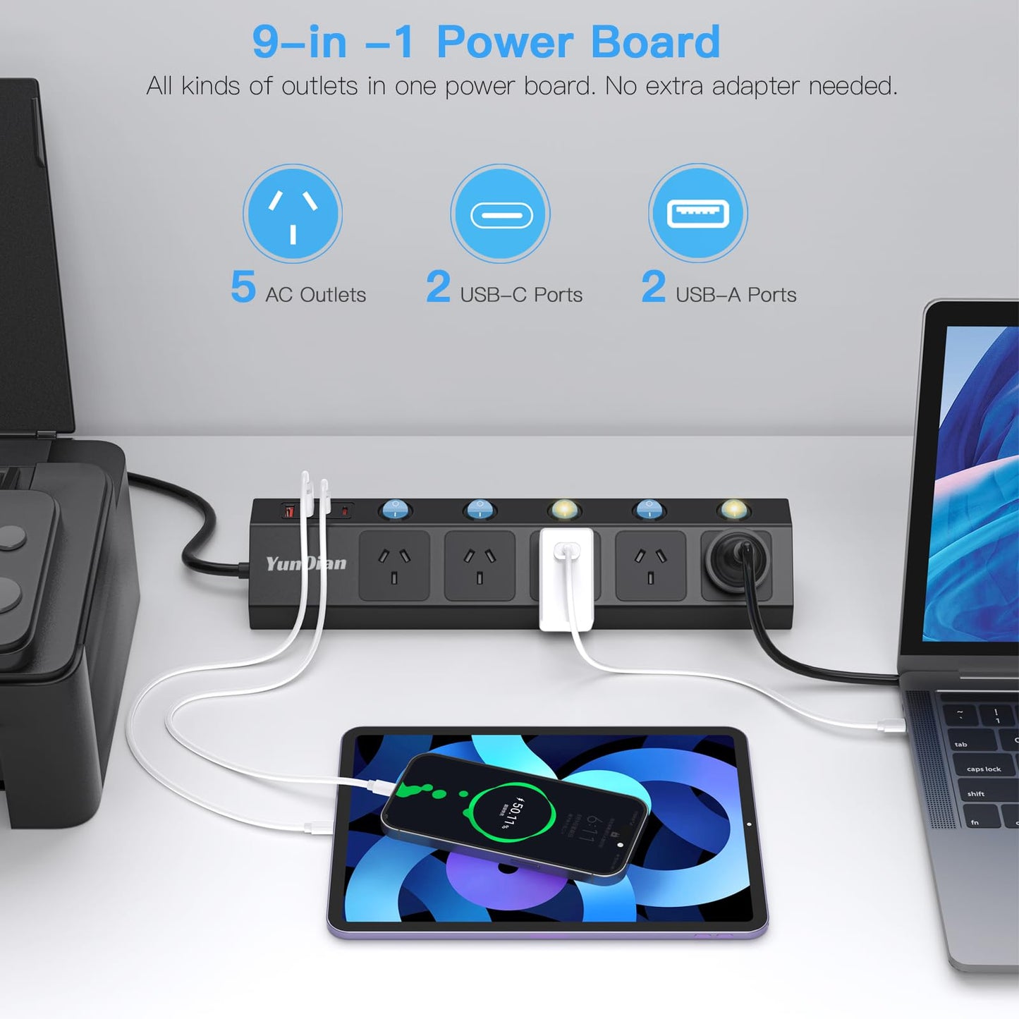 Versatile 5-Outlet Power Strip with Dual USB-A & USB-C Charging Ports, Black NEW