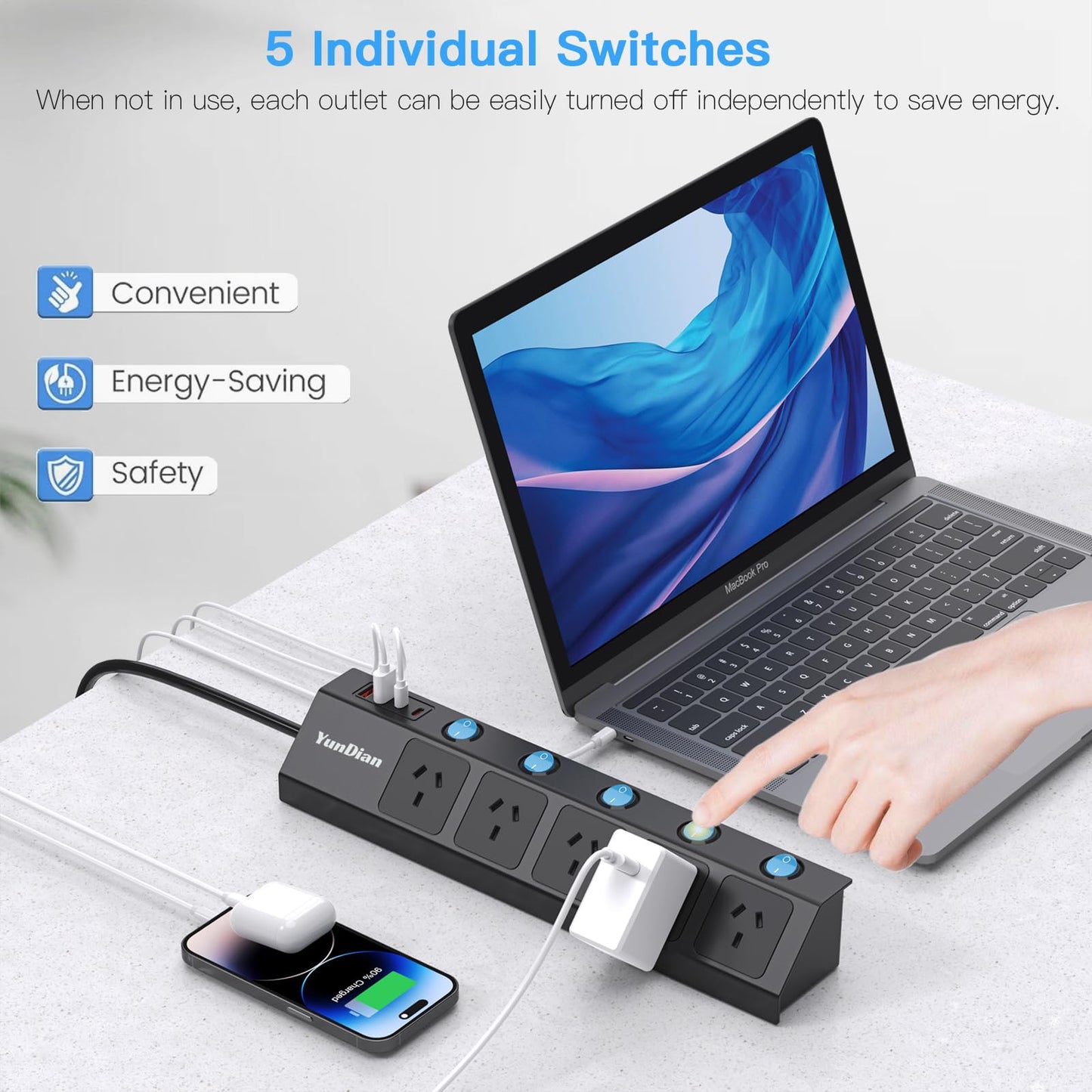 Versatile 5-Outlet Power Strip with Dual USB-A & USB-C Charging Ports, Black NEW