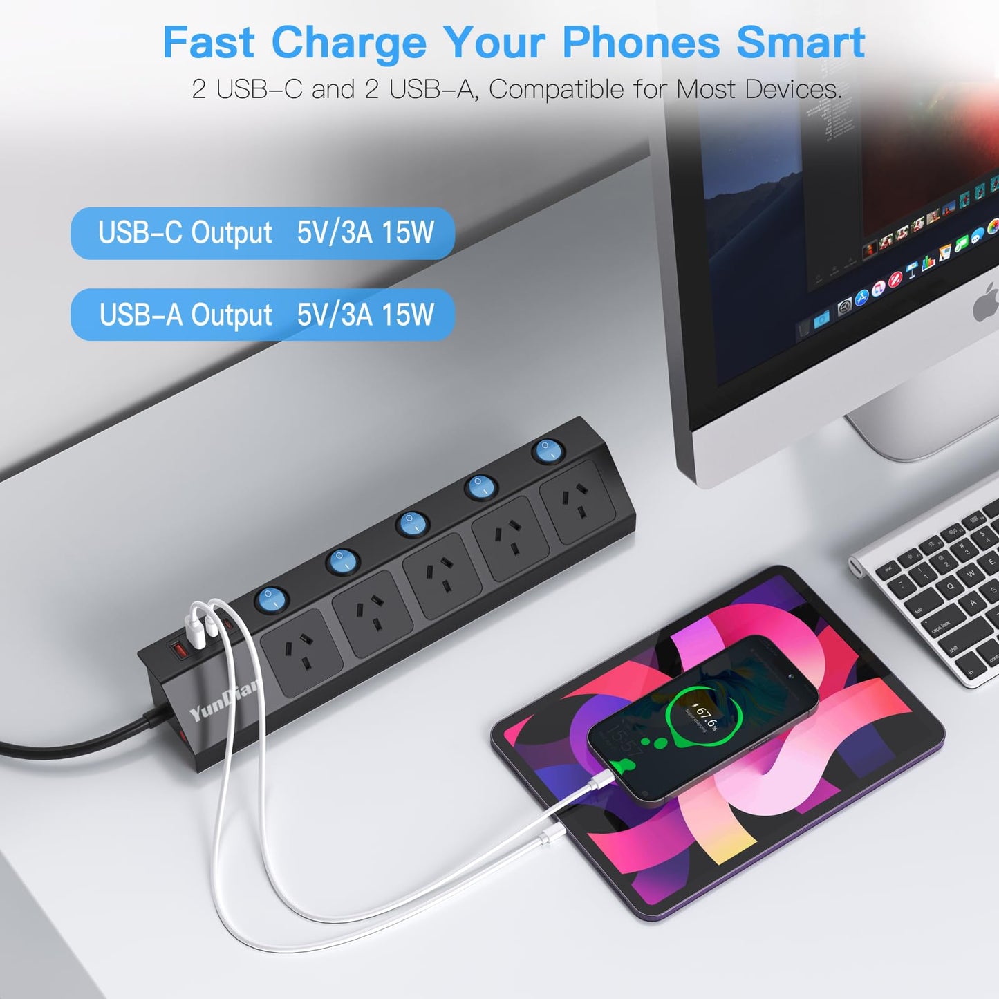 Versatile 5-Outlet Power Strip with Dual USB-A & USB-C Charging Ports, Black NEW