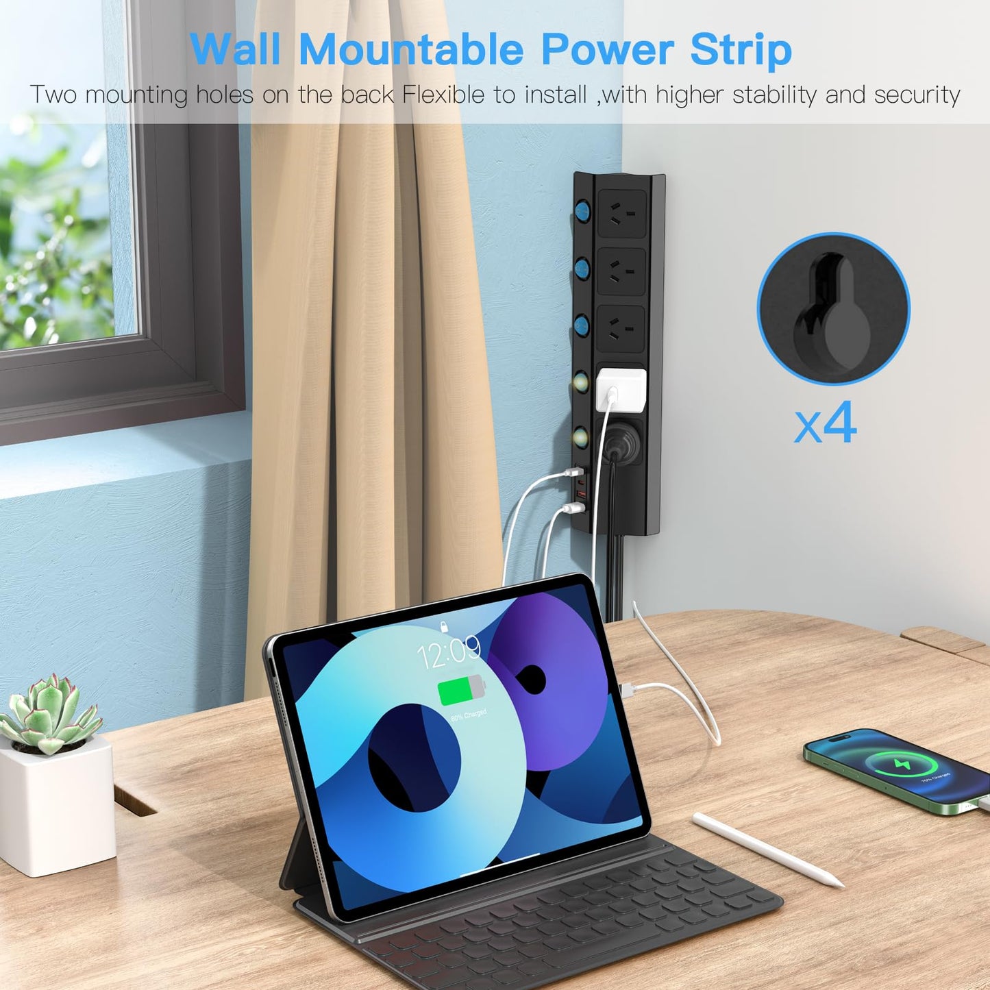 Versatile 5-Outlet Power Strip with Dual USB-A & USB-C Charging Ports, Black NEW