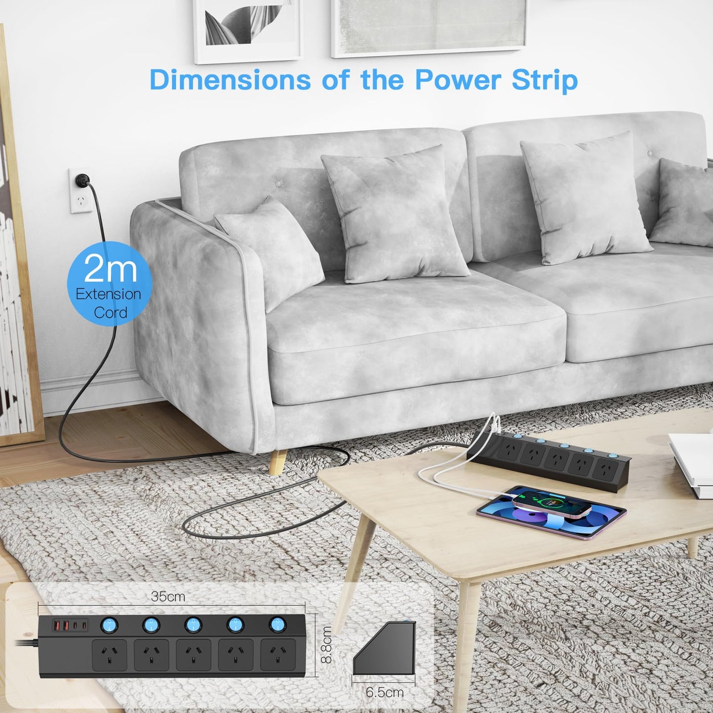 Versatile 5-Outlet Power Strip with Dual USB-A & USB-C Charging Ports, Black NEW